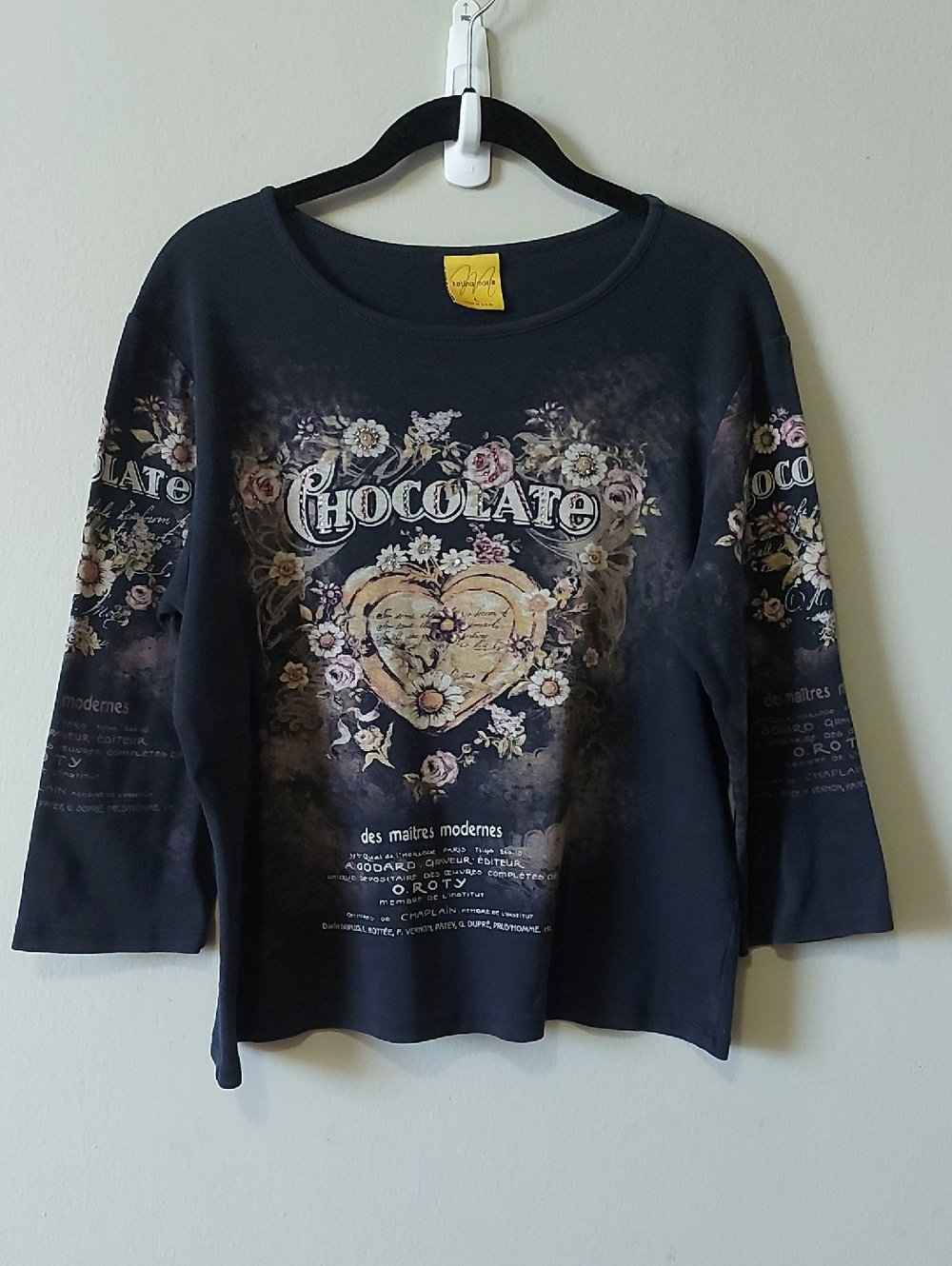 Y2K Whimsy Goth Boho Cotton Rhinestones Floral Chocolate Graphic Long Sleeve Tee - Picture 9 of 10
